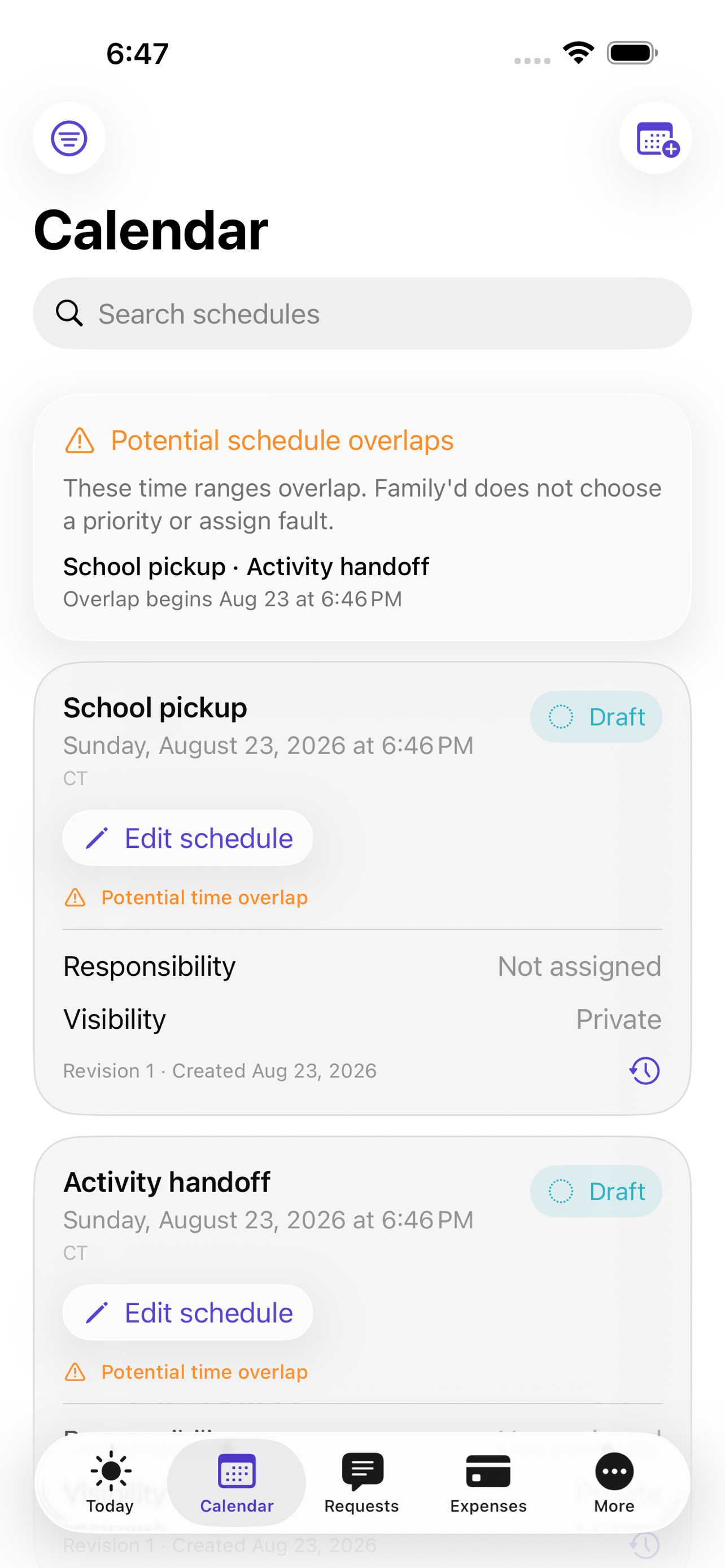 Family’d calendar screen showing overlapping family plans in a neutral, readable schedule.