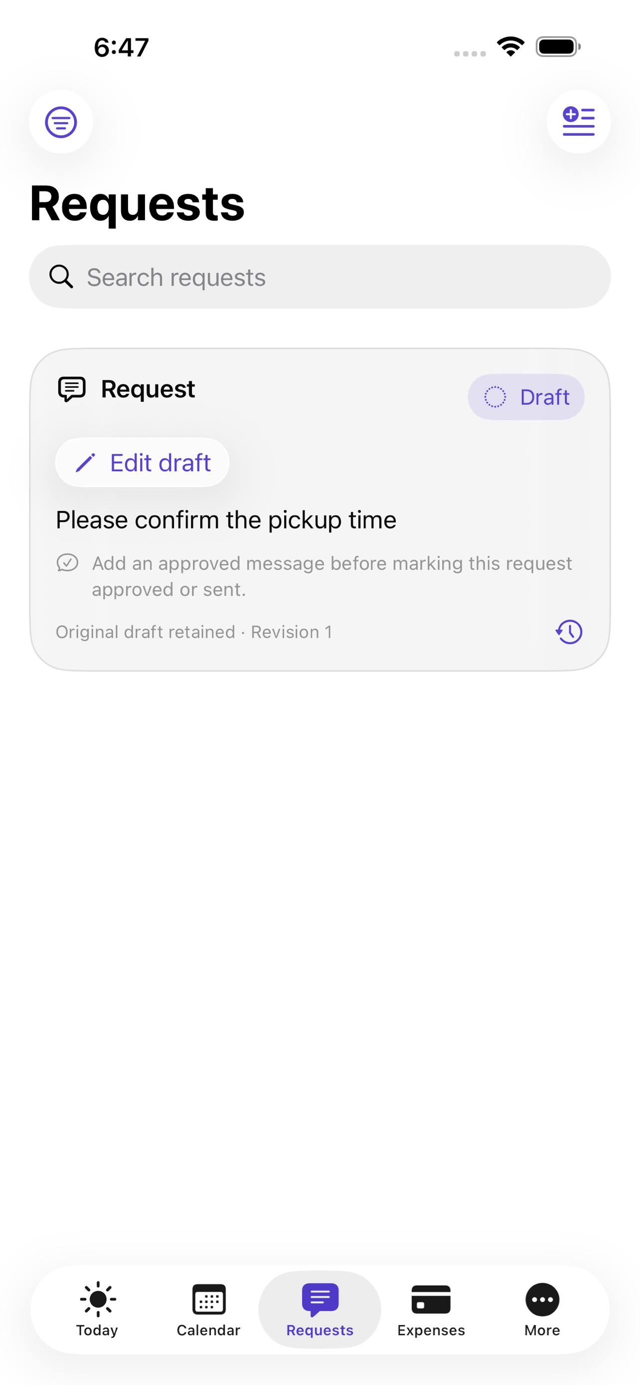 Family’d request screen showing an original draft that can be reviewed before it becomes shared work.
