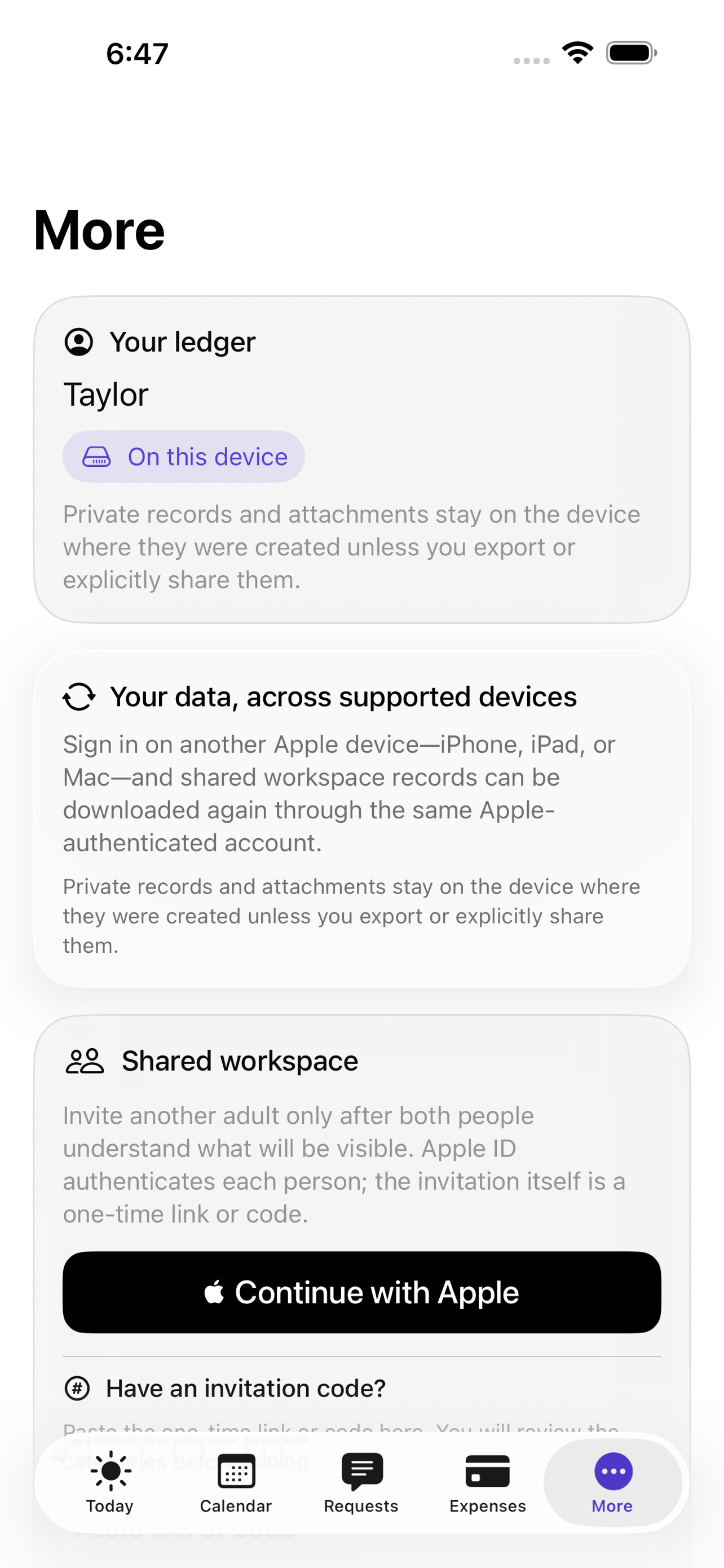Family’d shared access screen showing scoped visibility for a shared family workspace.