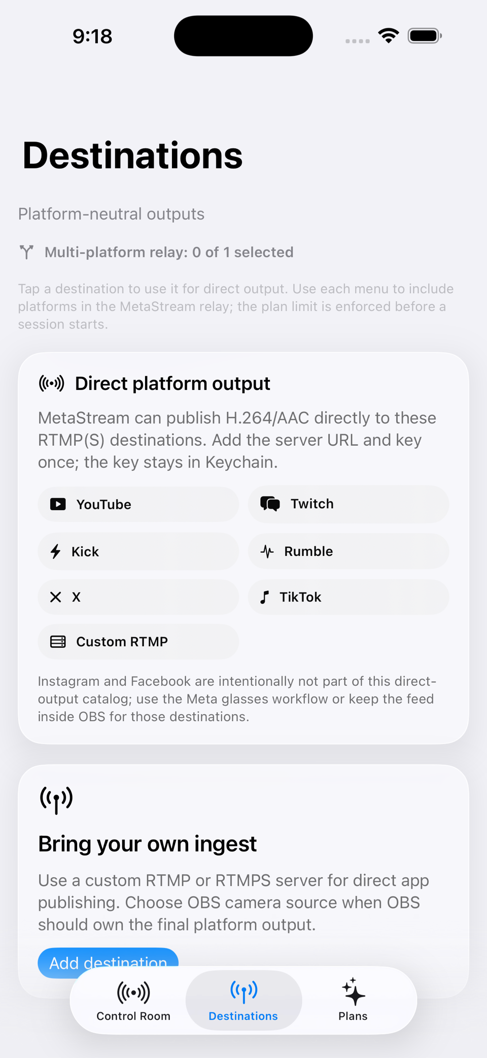 MetaStream destinations screen showing direct platform output and custom RTMP options.