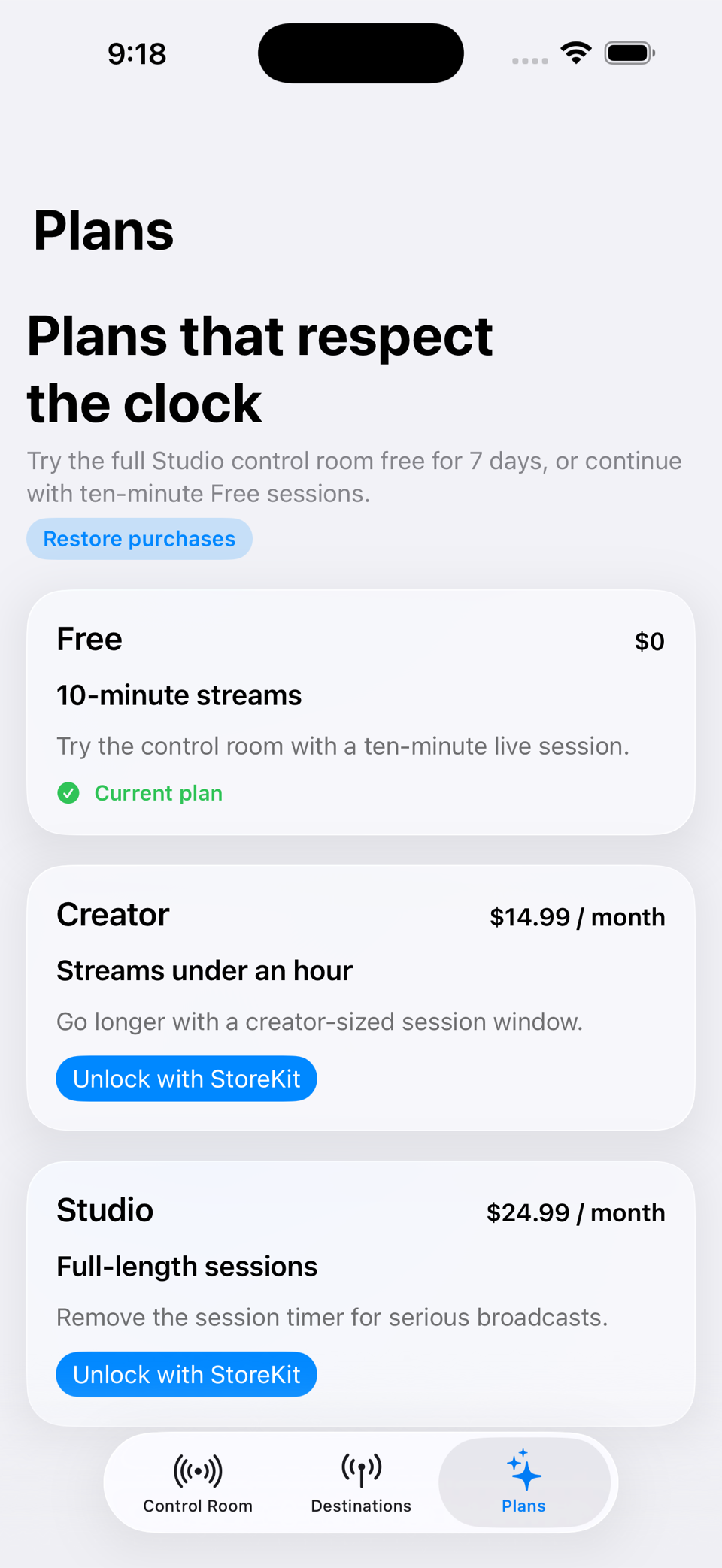 MetaStream plans screen showing free, creator, and studio streaming session options.