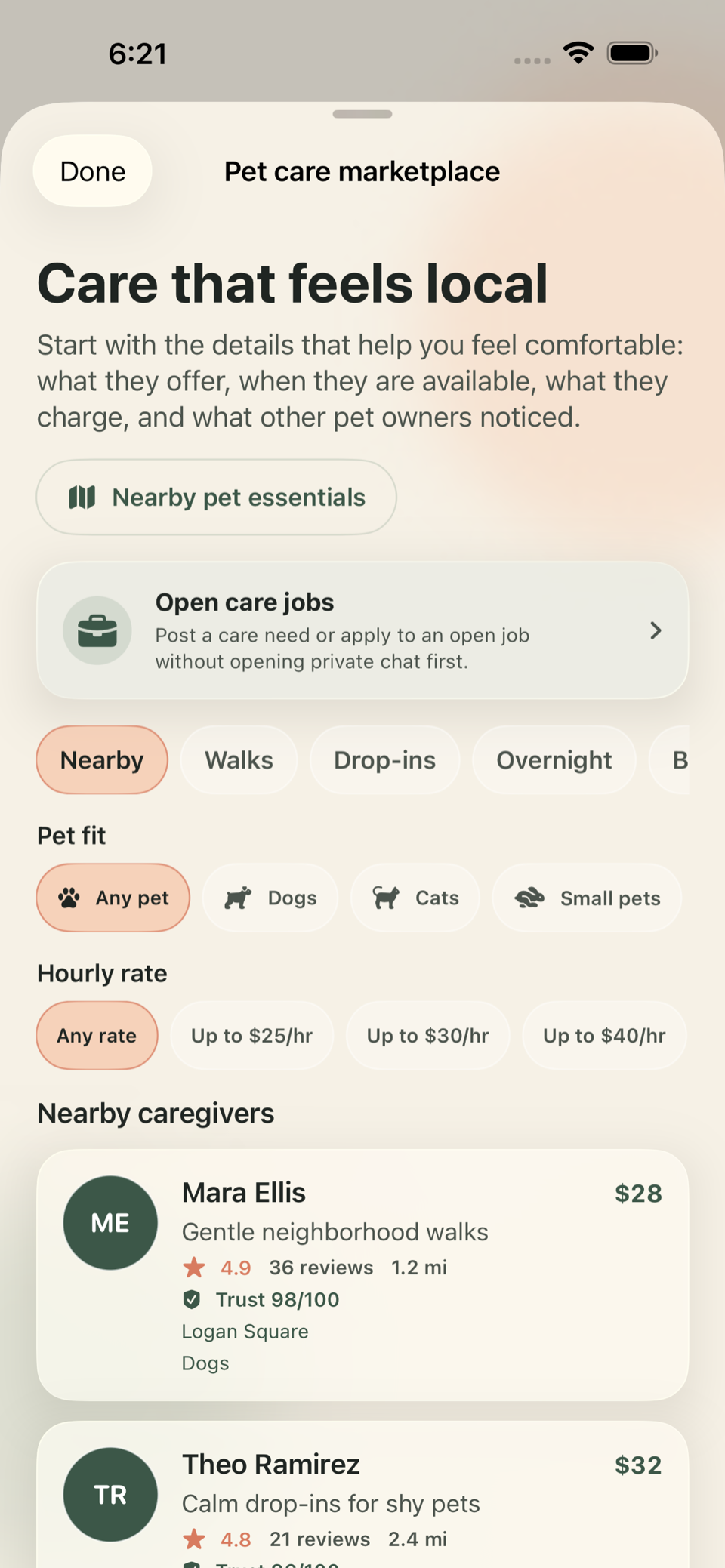 PawPass pet care marketplace screen showing nearby services, filters, and caregiver trust signals.