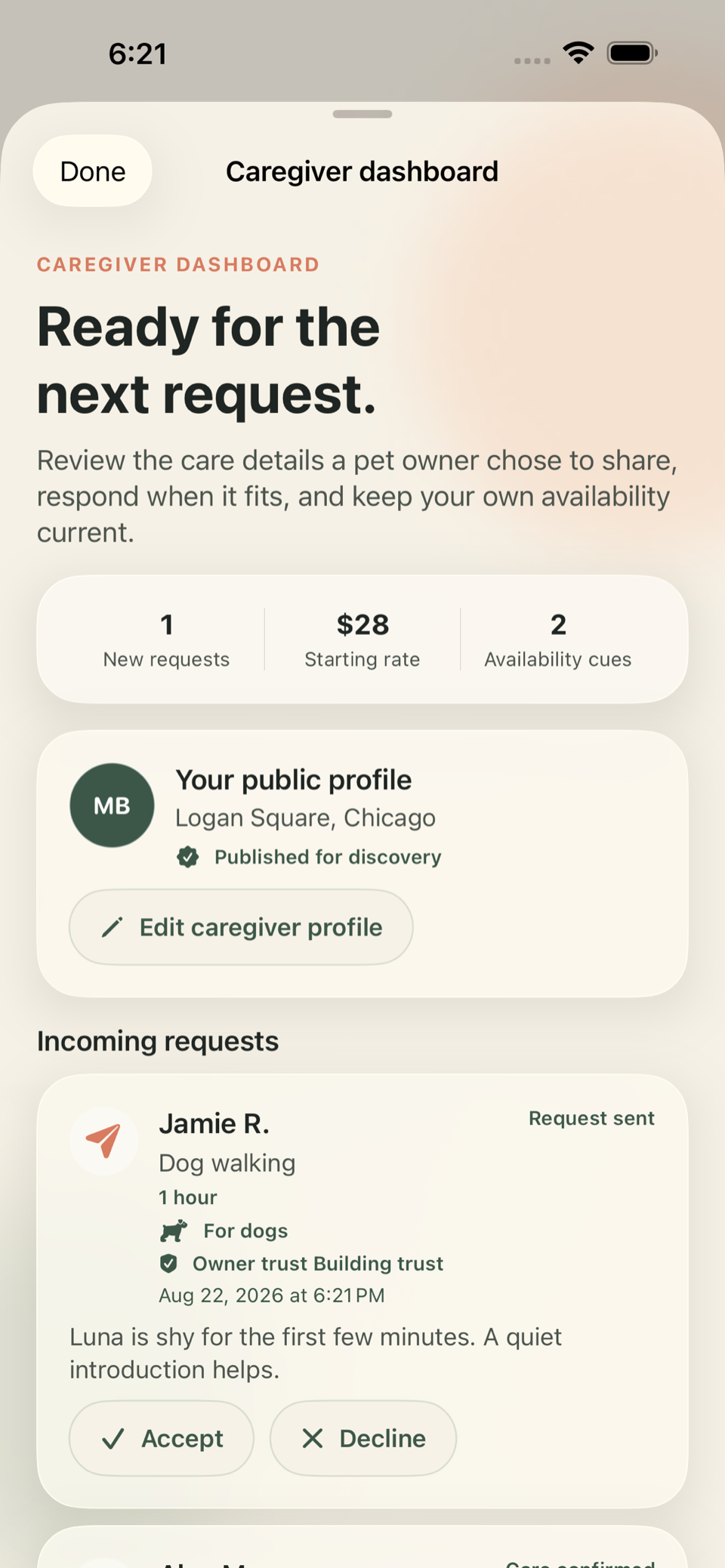 PawPass caregiver dashboard showing a caregiver profile, incoming requests, and availability.