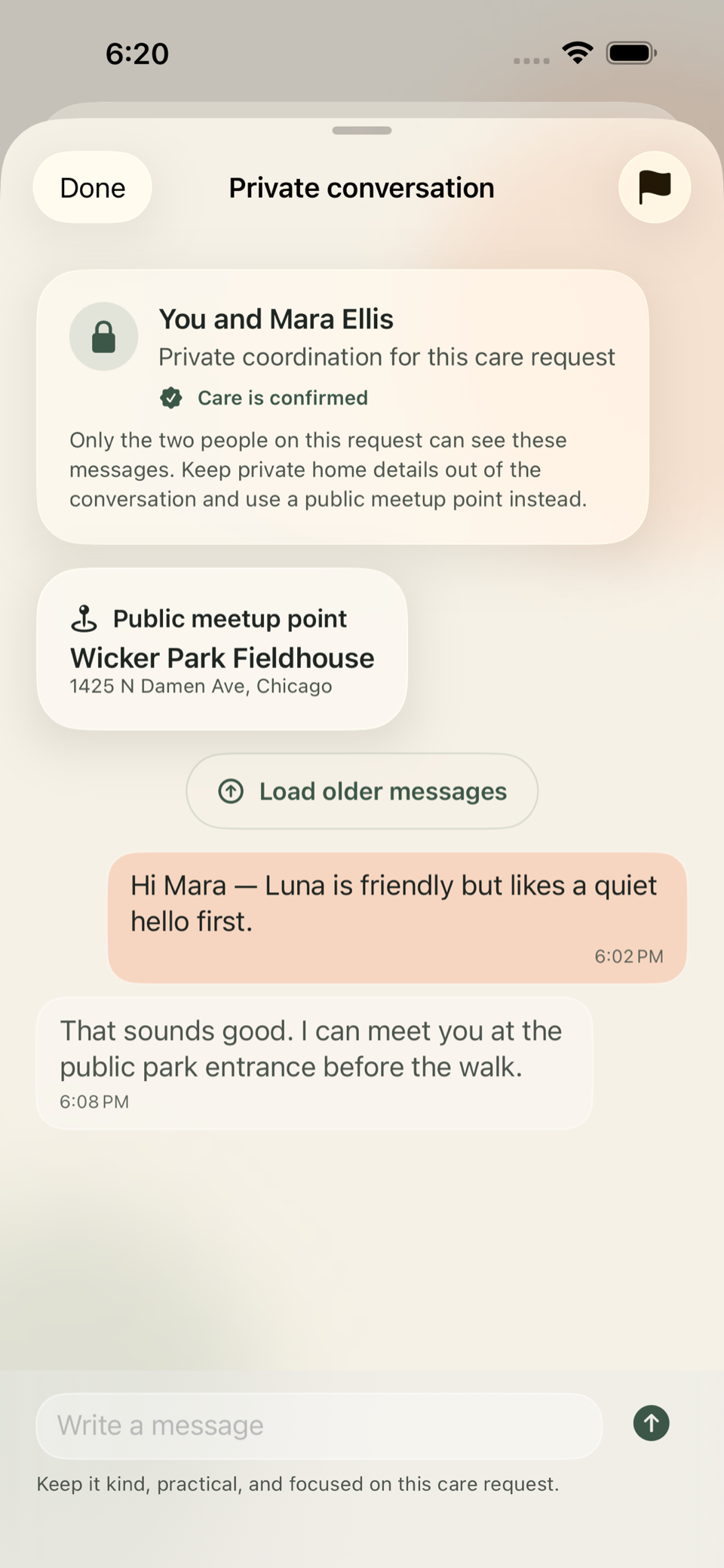 PawPass private conversation screen showing an accepted care connection and a public meetup point.