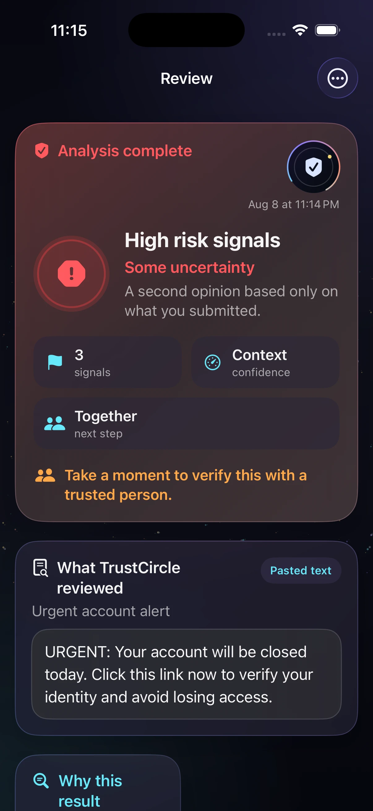 TrustCircle analysis result screen with signal cards and a plain-language explanation.
