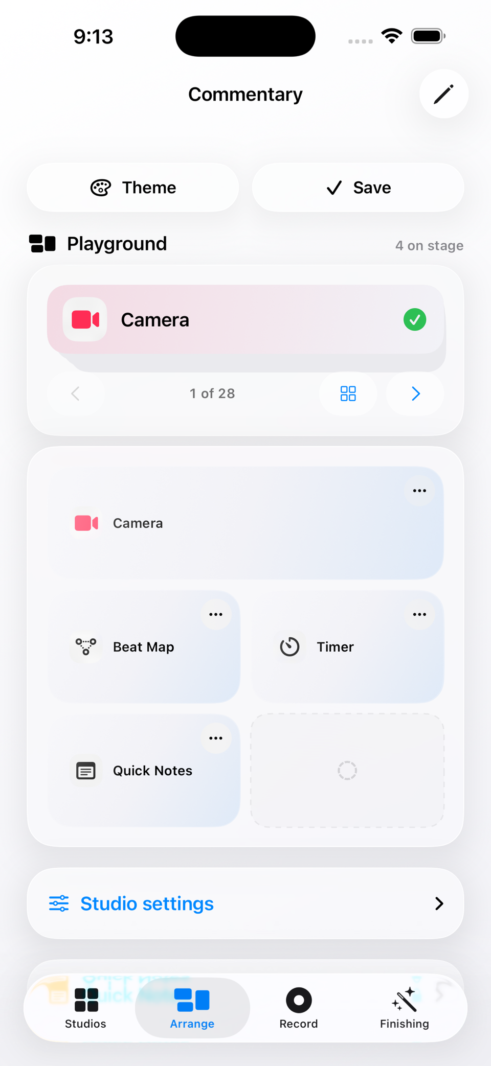 Yap arrange screen showing a Commentary studio playground with camera, beat map, timer, and quick notes tools.