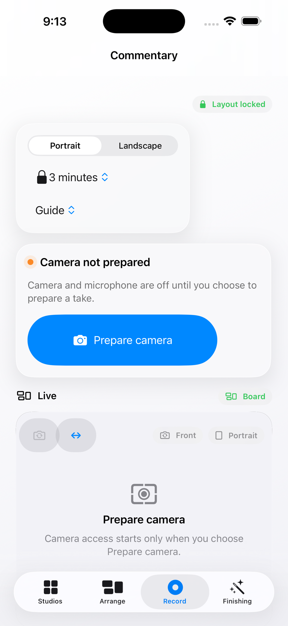 Yap recording screen showing a locked layout, portrait framing, three-minute guide, and live board.