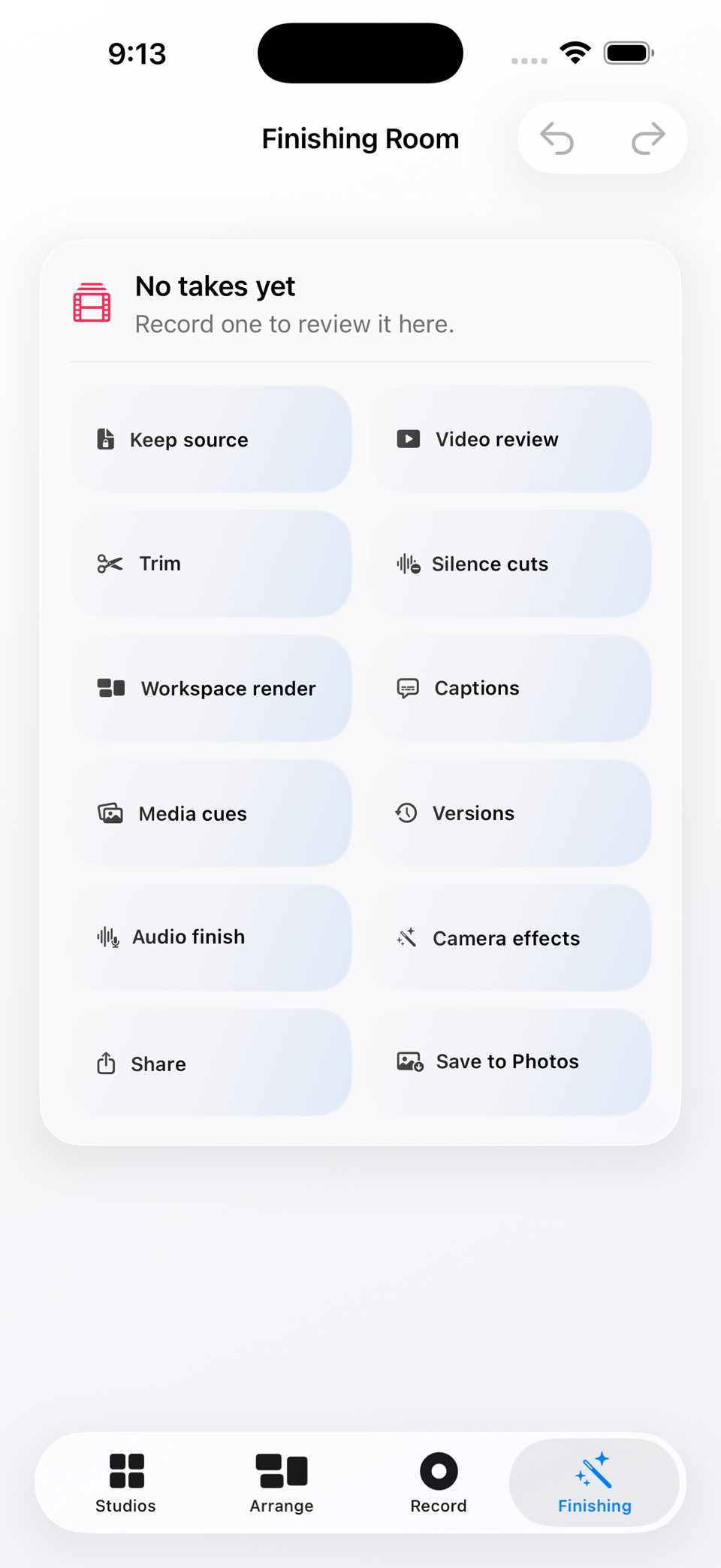 Yap Finishing Room showing reviewable tools for a saved take, including trim, captions, and audio finish.
